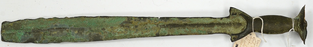 A Bronze Age (c.3200-2800BC) dagger from the Lurestan region of Western Iran, blade 37cm. Condition - fair excavated condition.